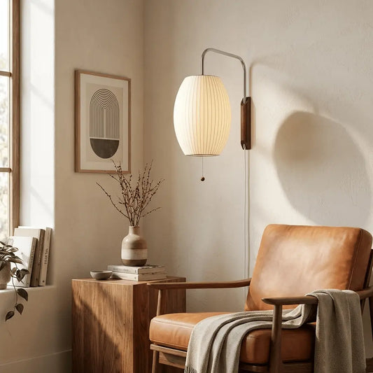 Silk Shade Flying Saucer Wall Sconce — Mid-Century Modern LED Wall Lamp with Swing Arm for Bedroom, Living Room, Study and Reading Nook, Walnut and Chrome Accent Erbstuk