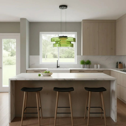 Stacked Glass Disc Pendant Light — Layered Glass Shade Pendant Light in Green, Amber & Smoke Grey, 1, 2 or 3-Tier LED Ceiling Lamp for Dining Rooms, Kitchens & Bedrooms, 25/35/45cm Erbstuk