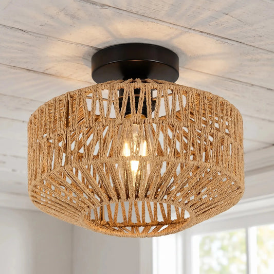 Paper Rattan Woven Ceiling Light — Rustic Flush Mount Ceiling Lamp with Open-Weave Shade — Hallway Ceiling Light, Living Room Ceiling Light — Entryway and Bedroom Pendant Fixture Erbstuk