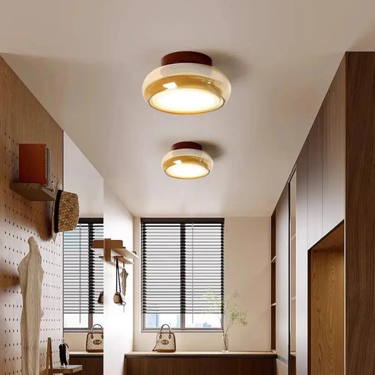 Amber Glass Dome Flush Mount Ceiling & Wall Light — French Corridor Style LED Fixture for Entryway, Hallway, Porch, Cloakroom and Balcony with Vintage Dark-Cap Accent Erbstuk