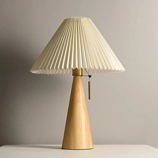 Solid Wood Pleated Table Lamp — Retro Minimalist Nordic Nightstand Lamp — Bedroom Lamp, Living Room Lamp — Bedside and Desk Reading Lamp with Handmade Fabric Shade Erbstuk