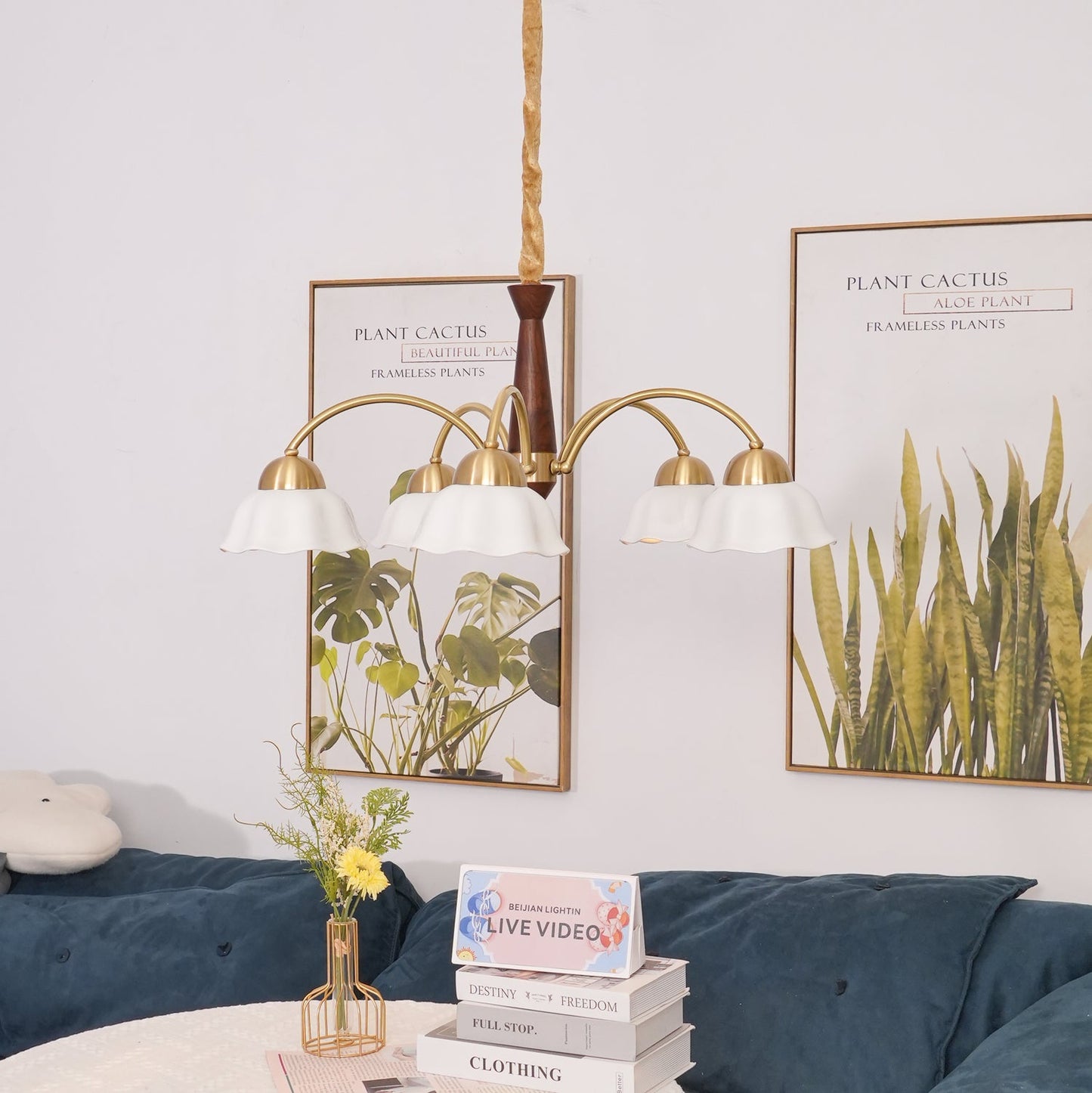 Mid Century Walnut and Brass Chandelier