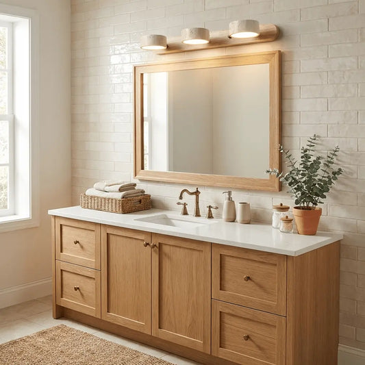 Travertine Stone Duo Wall Light — Rotatable Round LED Sconce for Bathroom Vanity, Dressing Table and Mirror Front, Sculptural Wood and Stone Wall Lamp Erbstuk