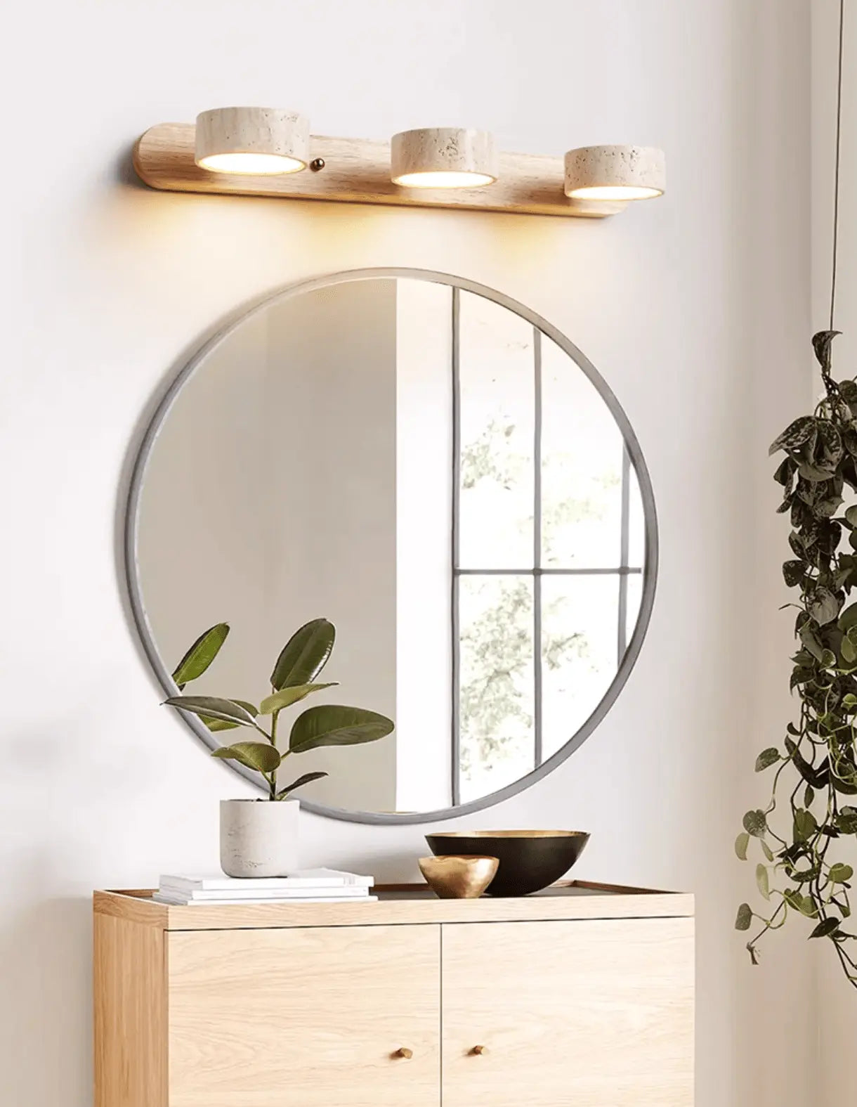 Travertine Stone Duo Wall Light — Rotatable Round LED Sconce for Bathroom Vanity, Dressing Table and Mirror Front, Sculptural Wood and Stone Wall Lamp Erbstuk