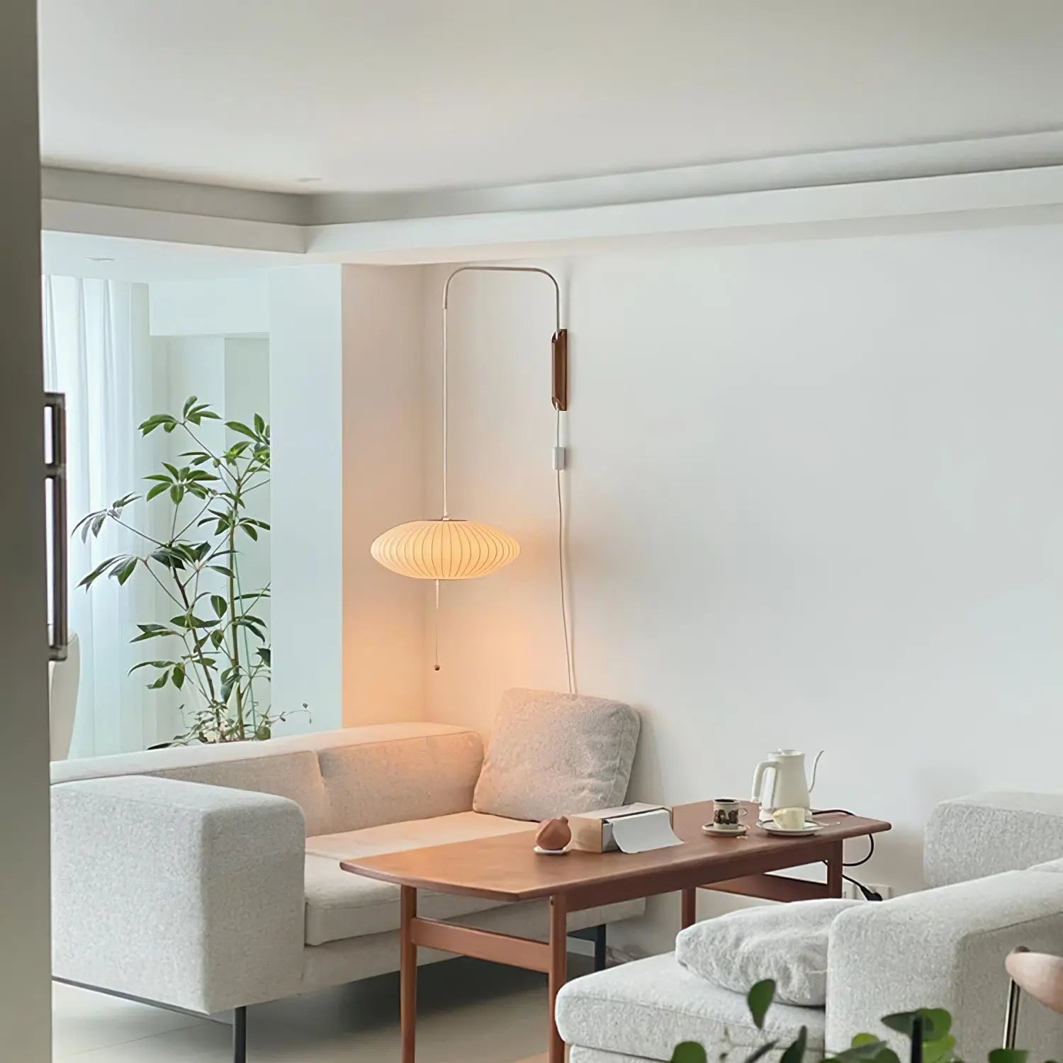 Silk Shade Flying Saucer Wall Sconce — Mid-Century Modern LED Wall Lamp with Swing Arm for Bedroom, Living Room, Study and Reading Nook, Walnut and Chrome Accent Erbstuk