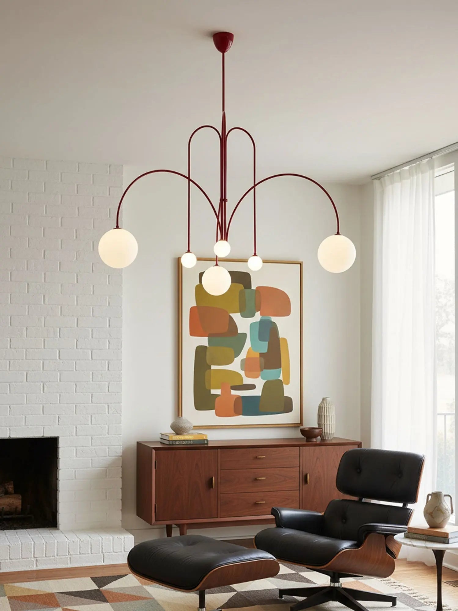 Branching Arc Sputnik Chandelier — Nordic Art Deco Pendant Light with Milk Glass Globes for Dining Room, Living Room, Restaurant and Cafe, Black Gold and Red Multi-Head Ceiling Light Erbstuk