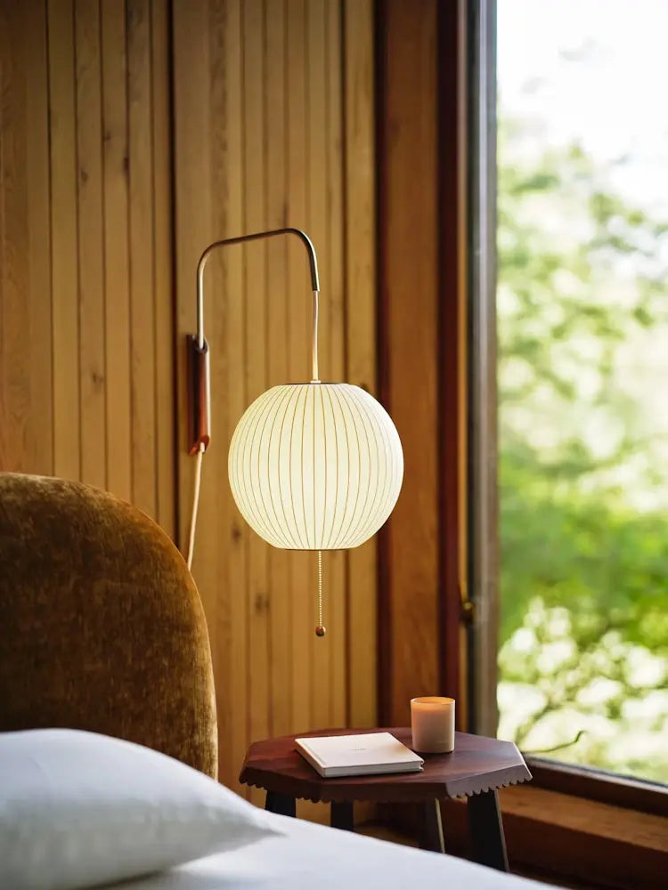 Silk Shade Flying Saucer Wall Sconce — Mid-Century Modern LED Wall Lamp with Swing Arm for Bedroom, Living Room, Study and Reading Nook, Walnut and Chrome Accent Erbstuk