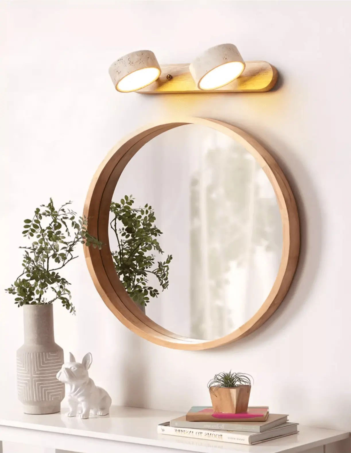 Travertine Stone Duo Wall Light — Rotatable Round LED Sconce for Bathroom Vanity, Dressing Table and Mirror Front, Sculptural Wood and Stone Wall Lamp Erbstuk