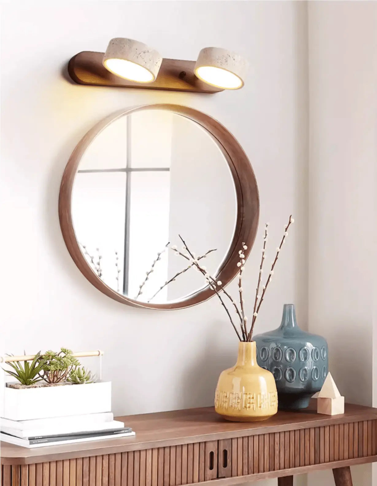Travertine Stone Duo Wall Light — Rotatable Round LED Sconce for Bathroom Vanity, Dressing Table and Mirror Front, Sculptural Wood and Stone Wall Lamp Erbstuk