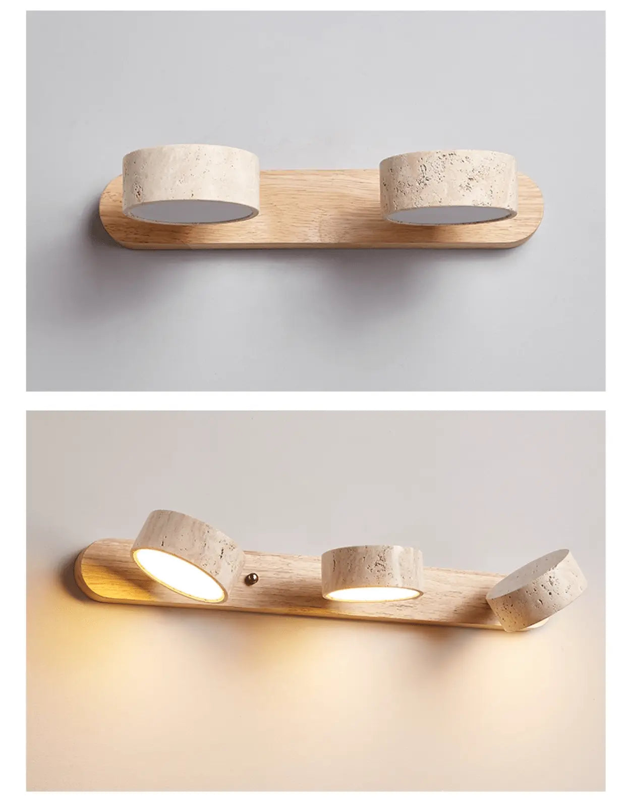 Travertine Stone Duo Wall Light — Rotatable Round LED Sconce for Bathroom Vanity, Dressing Table and Mirror Front, Sculptural Wood and Stone Wall Lamp Erbstuk