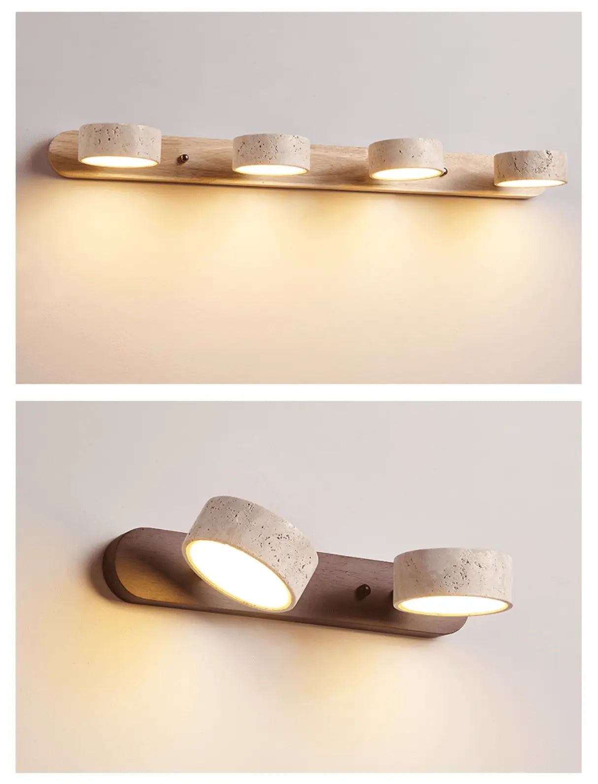 Travertine Stone Duo Wall Light — Rotatable Round LED Sconce for Bathroom Vanity, Dressing Table and Mirror Front, Sculptural Wood and Stone Wall Lamp Erbstuk