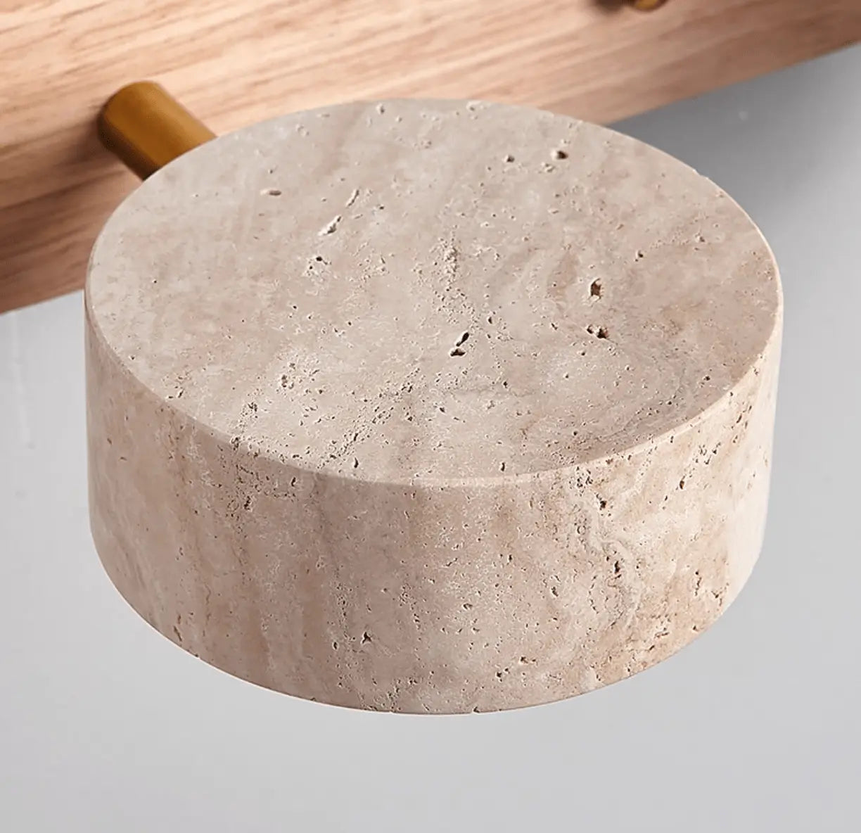 Travertine Stone Duo Wall Light — Rotatable Round LED Sconce for Bathroom Vanity, Dressing Table and Mirror Front, Sculptural Wood and Stone Wall Lamp Erbstuk