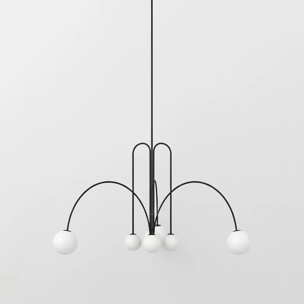 Branching Arc Sputnik Chandelier — Nordic Art Deco Pendant Light with Milk Glass Globes for Dining Room, Living Room, Restaurant and Cafe, Black Gold and Red Multi-Head Ceiling Light Erbstuk
