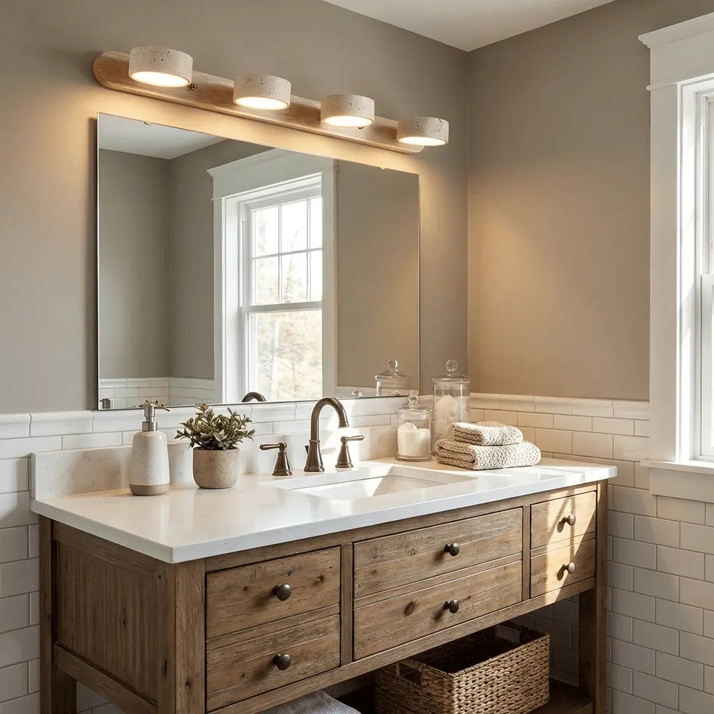 Travertine Stone Duo Wall Light — Rotatable Round LED Sconce for Bathroom Vanity, Dressing Table and Mirror Front, Sculptural Wood and Stone Wall Lamp Erbstuk