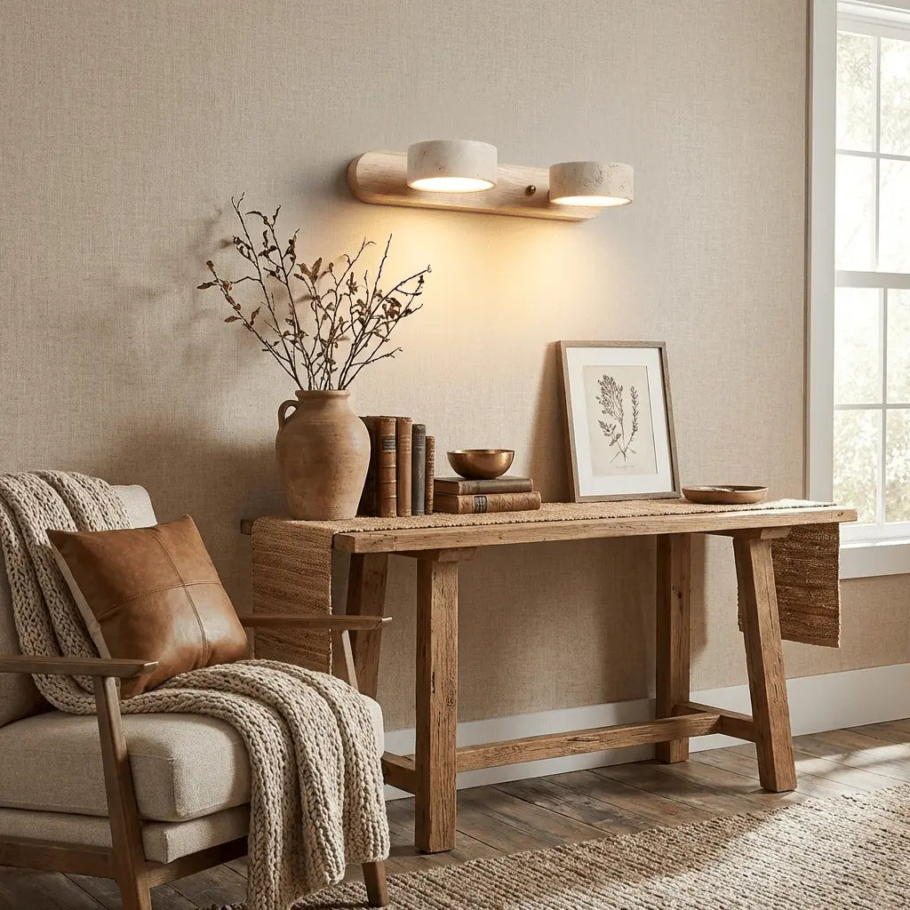 Travertine Stone Duo Wall Light — Rotatable Round LED Sconce for Bathroom Vanity, Dressing Table and Mirror Front, Sculptural Wood and Stone Wall Lamp Erbstuk