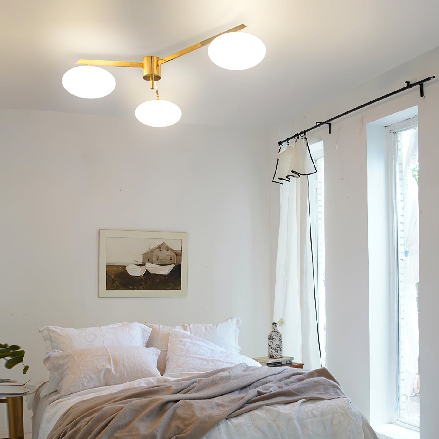 Pearl Globe Brass Arm Flush Mount Ceiling Light