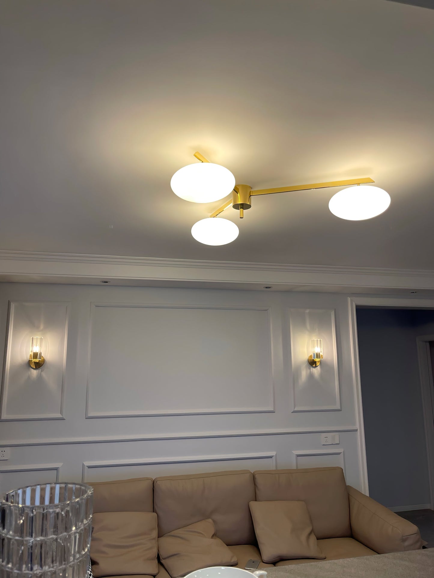 Pearl Globe Brass Arm Flush Mount Ceiling Light