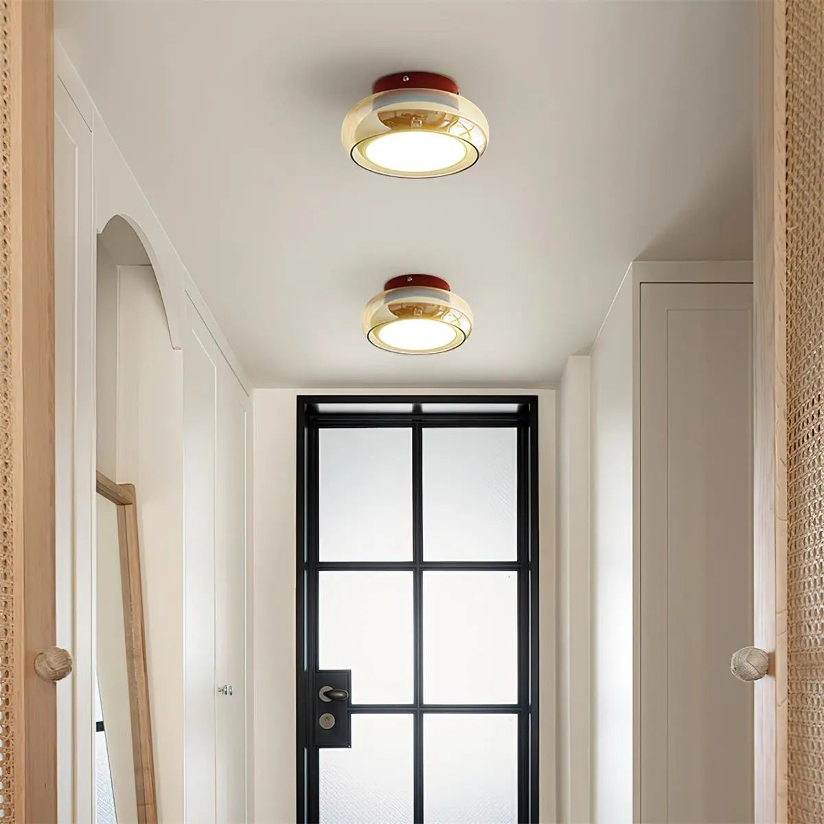 Amber Glass Dome Flush Mount Ceiling & Wall Light — French Corridor Style LED Fixture for Entryway, Hallway, Porch, Cloakroom and Balcony with Vintage Dark-Cap Accent Erbstuk