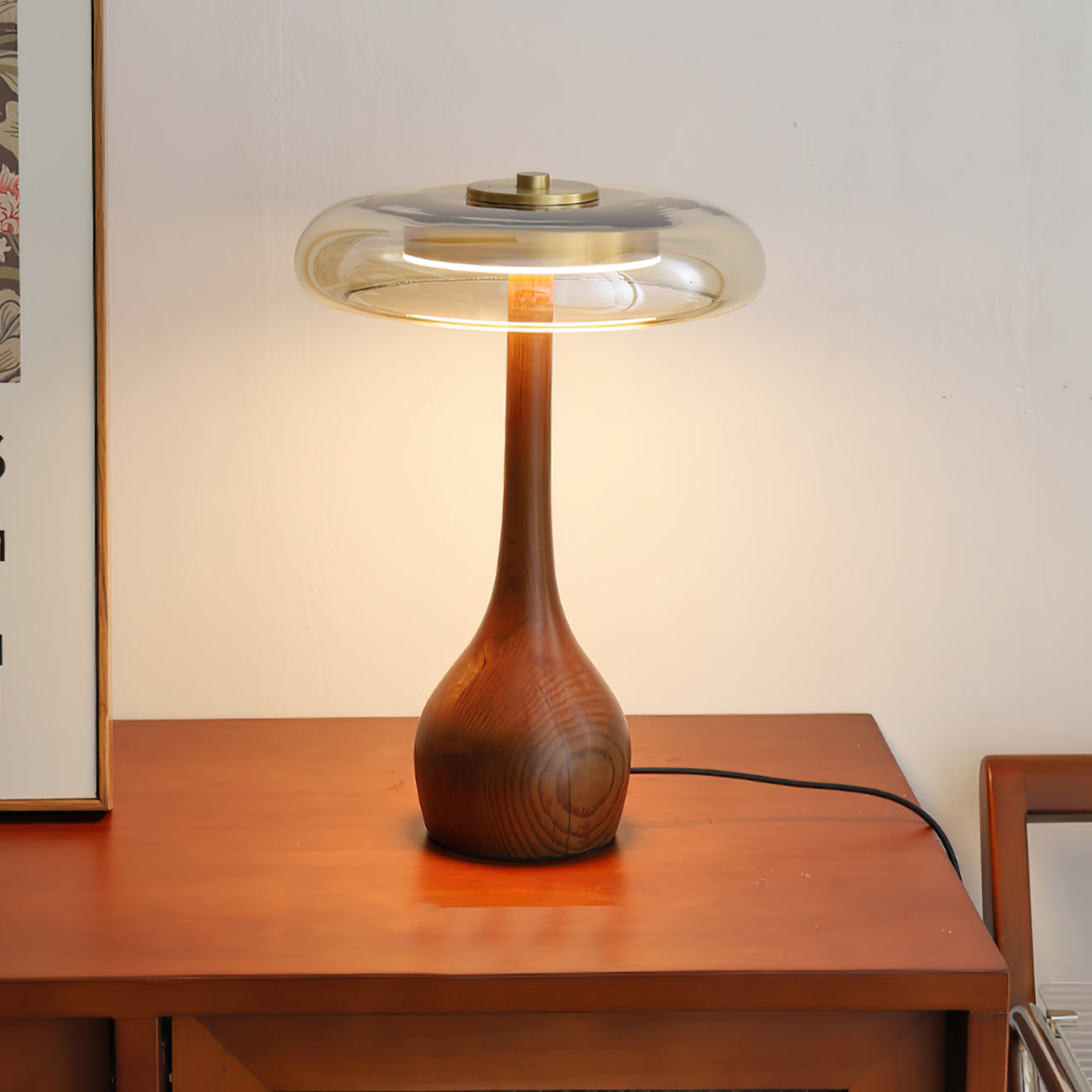 Cognac Glass and Walnut Table Lamp