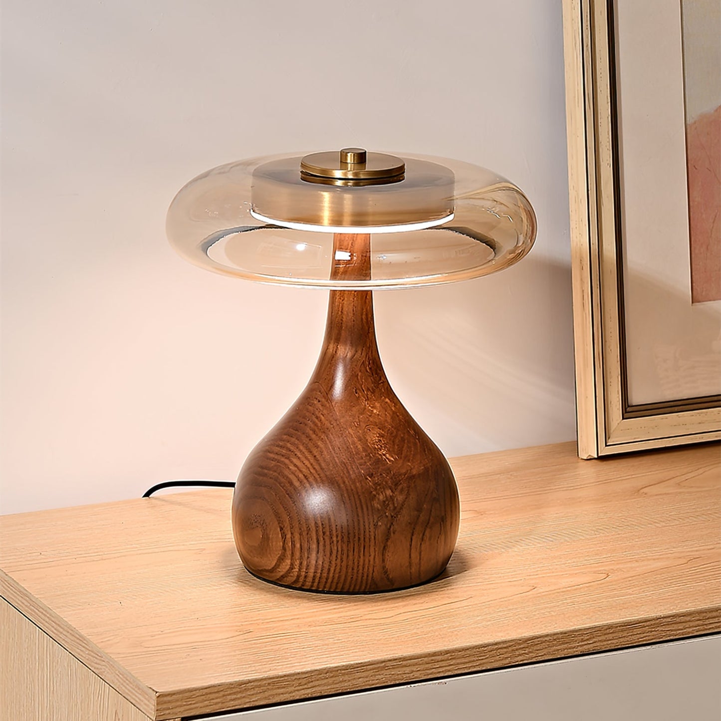 Cognac Glass and Walnut Table Lamp