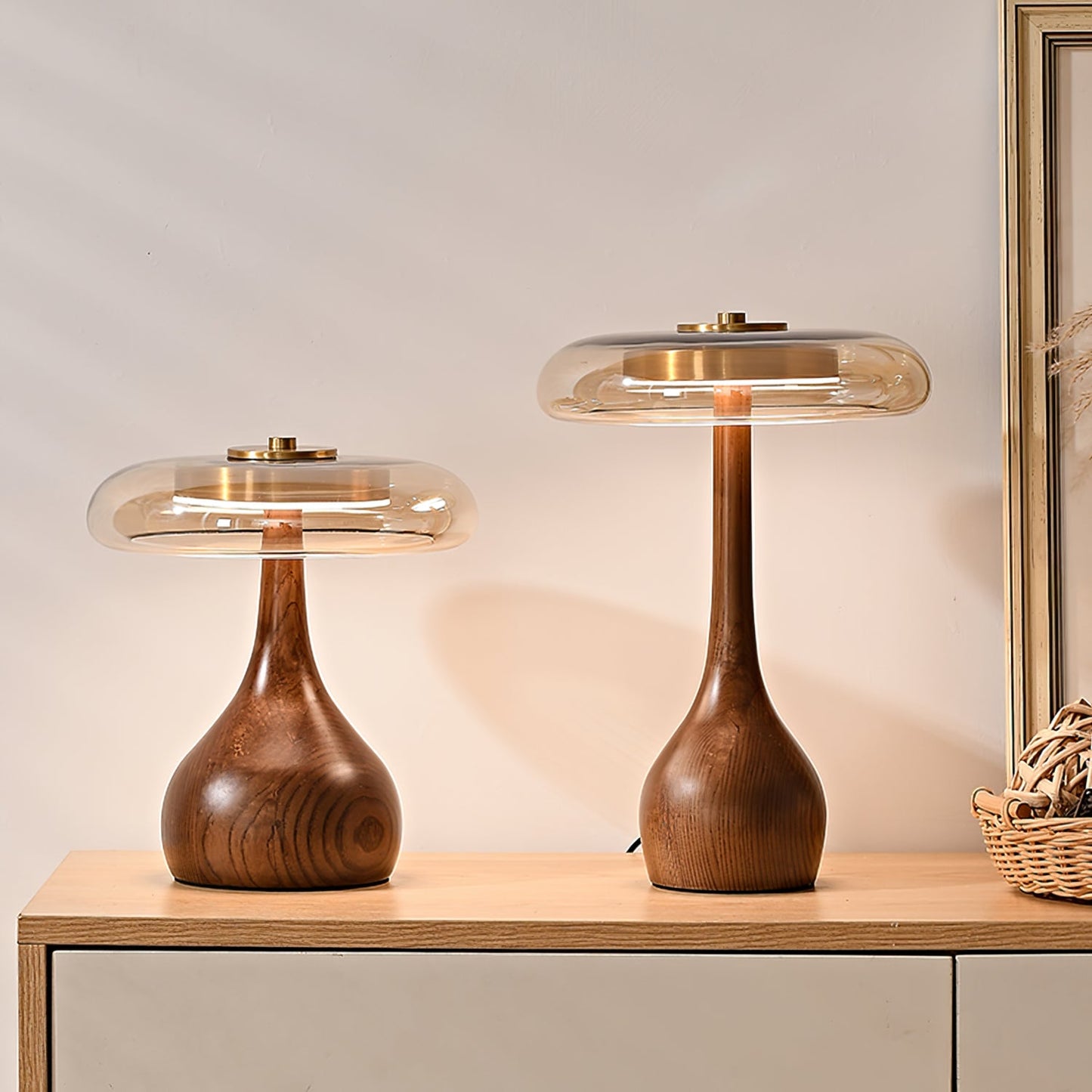 Cognac Glass and Walnut Table Lamp