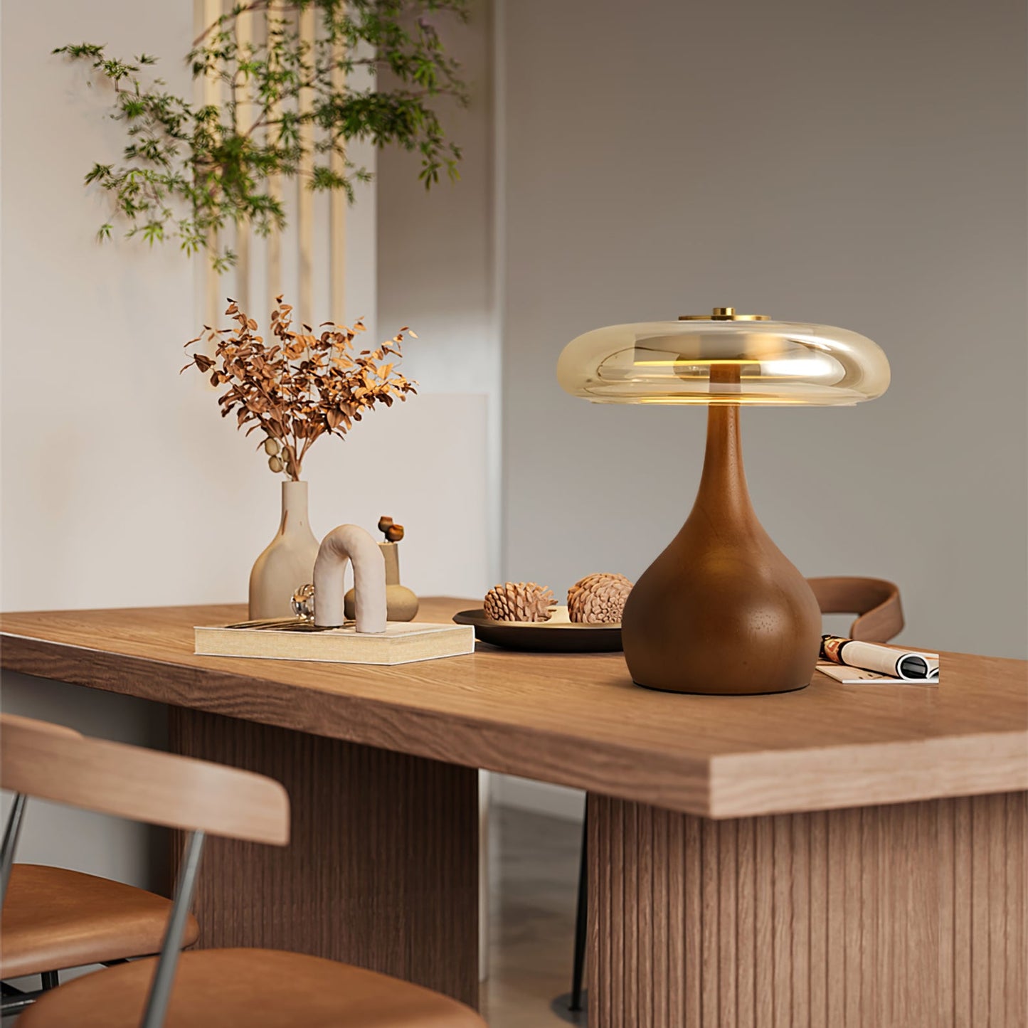Cognac Glass and Walnut Table Lamp