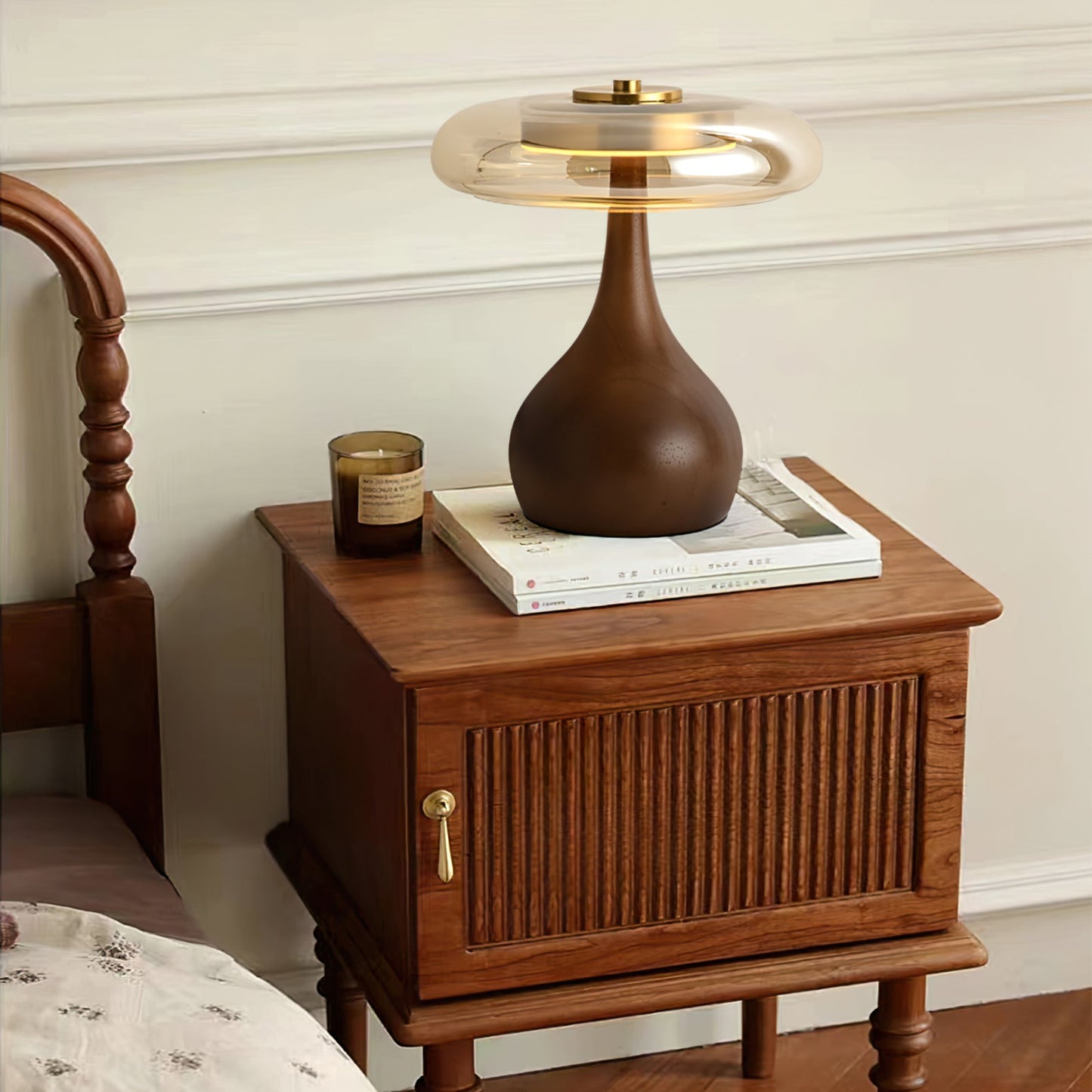 Cognac Glass and Walnut Table Lamp