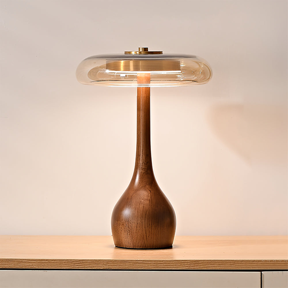 Cognac Glass and Walnut Table Lamp