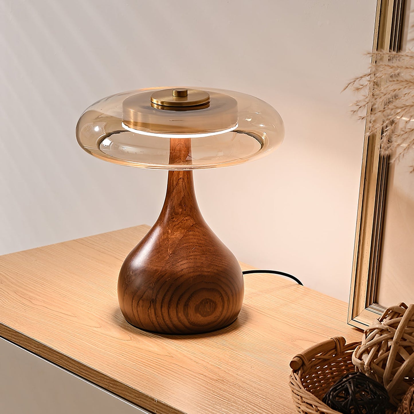 Cognac Glass and Walnut Table Lamp