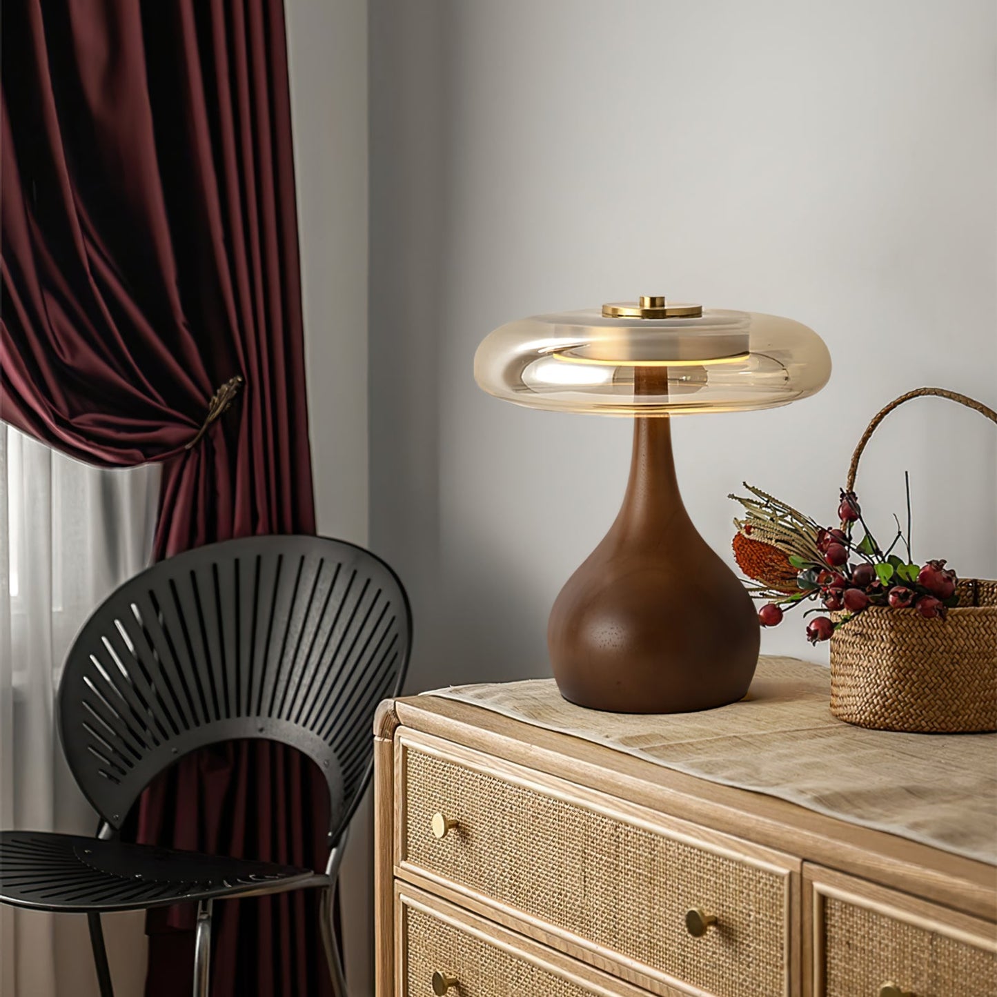Cognac Glass and Walnut Table Lamp