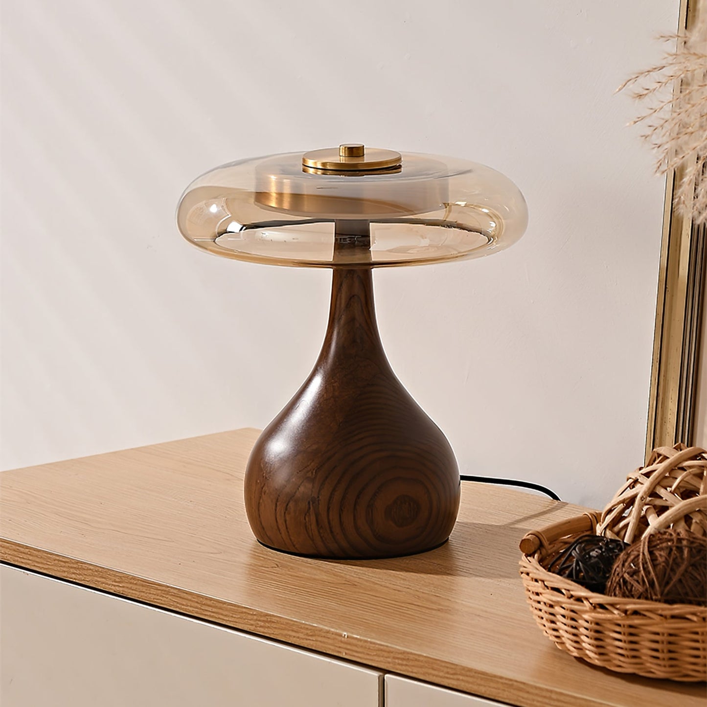 Cognac Glass and Walnut Table Lamp