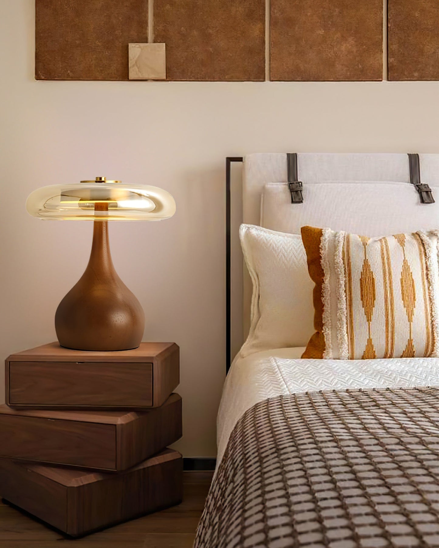Cognac Glass and Walnut Table Lamp