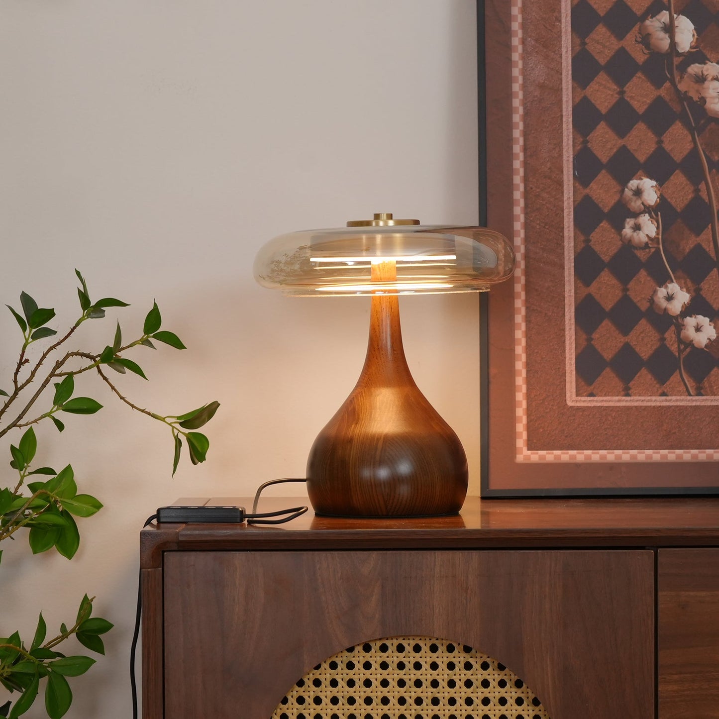 Cognac Glass and Walnut Table Lamp