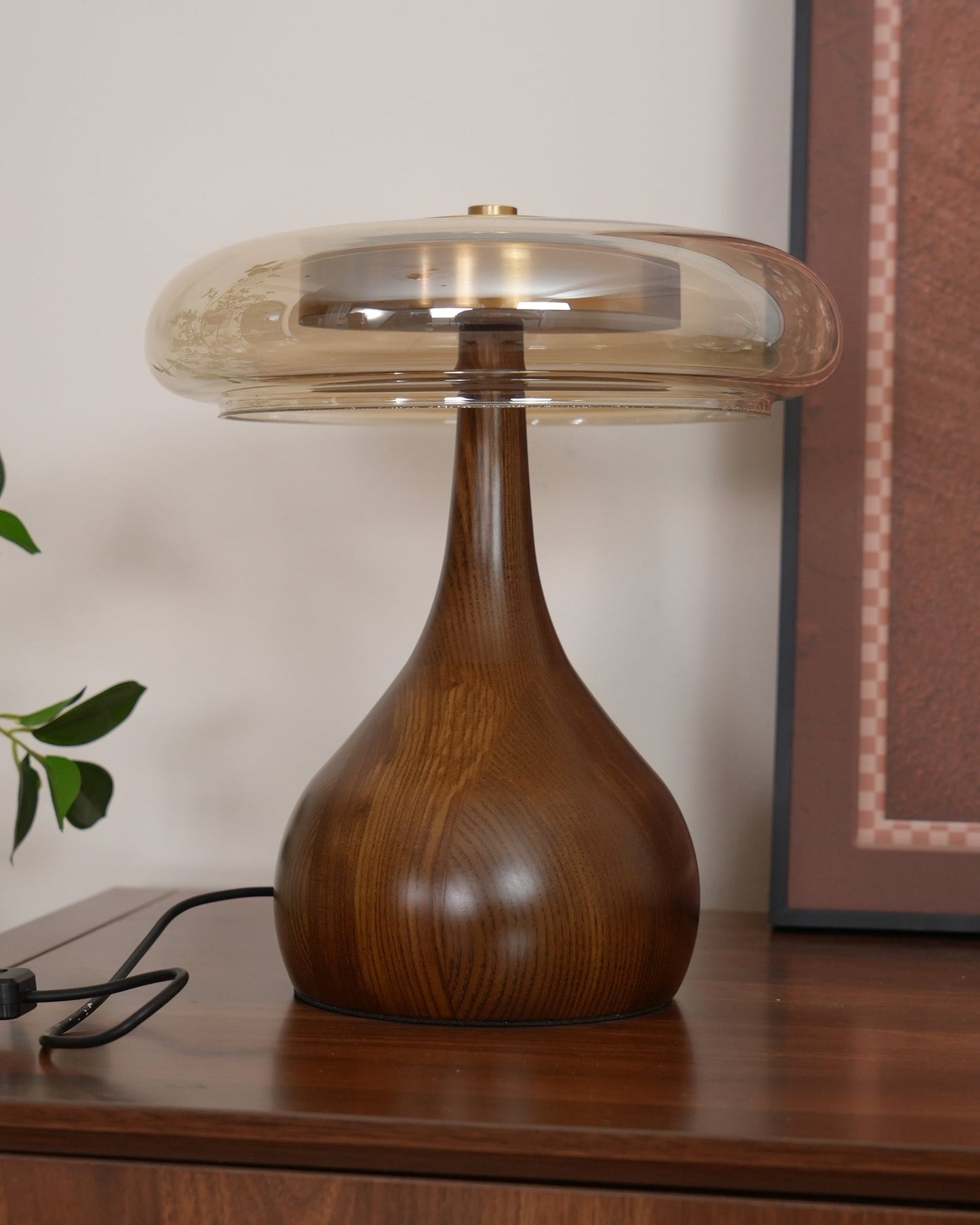 Cognac Glass and Walnut Table Lamp