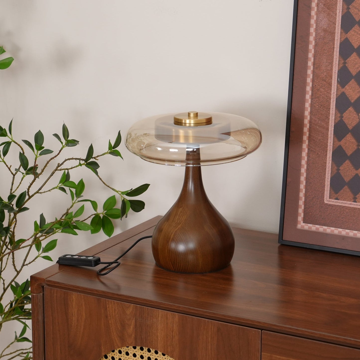 Cognac Glass and Walnut Table Lamp