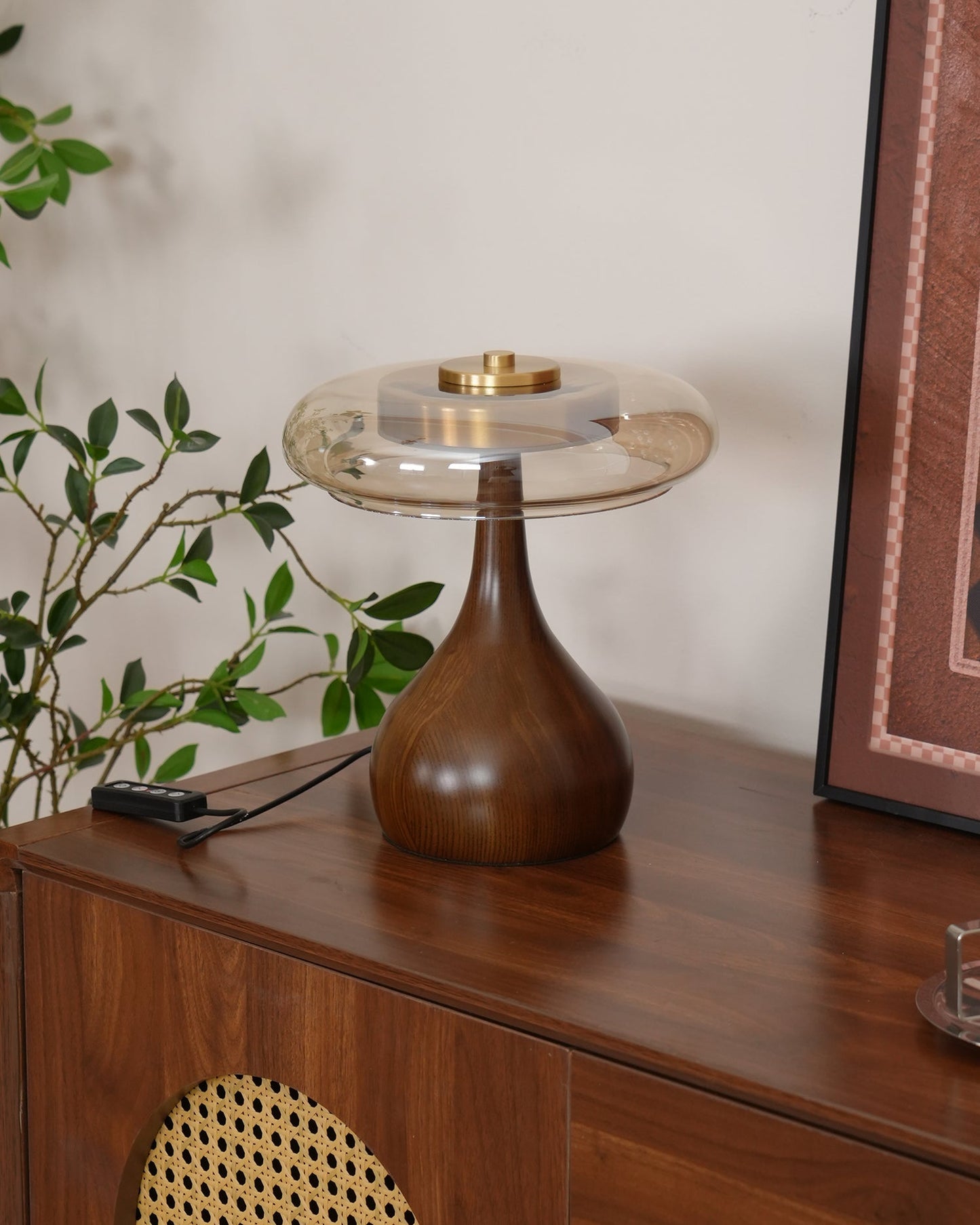 Cognac Glass and Walnut Table Lamp