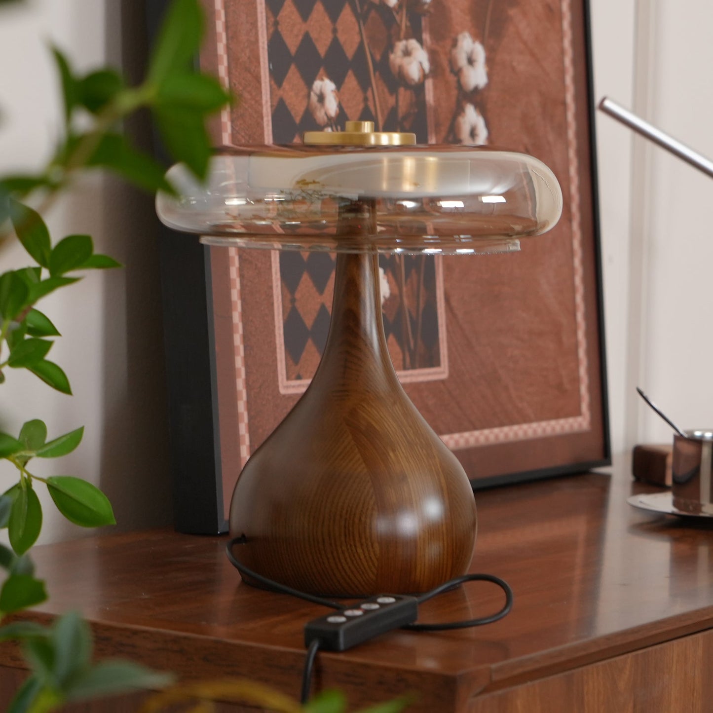Cognac Glass and Walnut Table Lamp