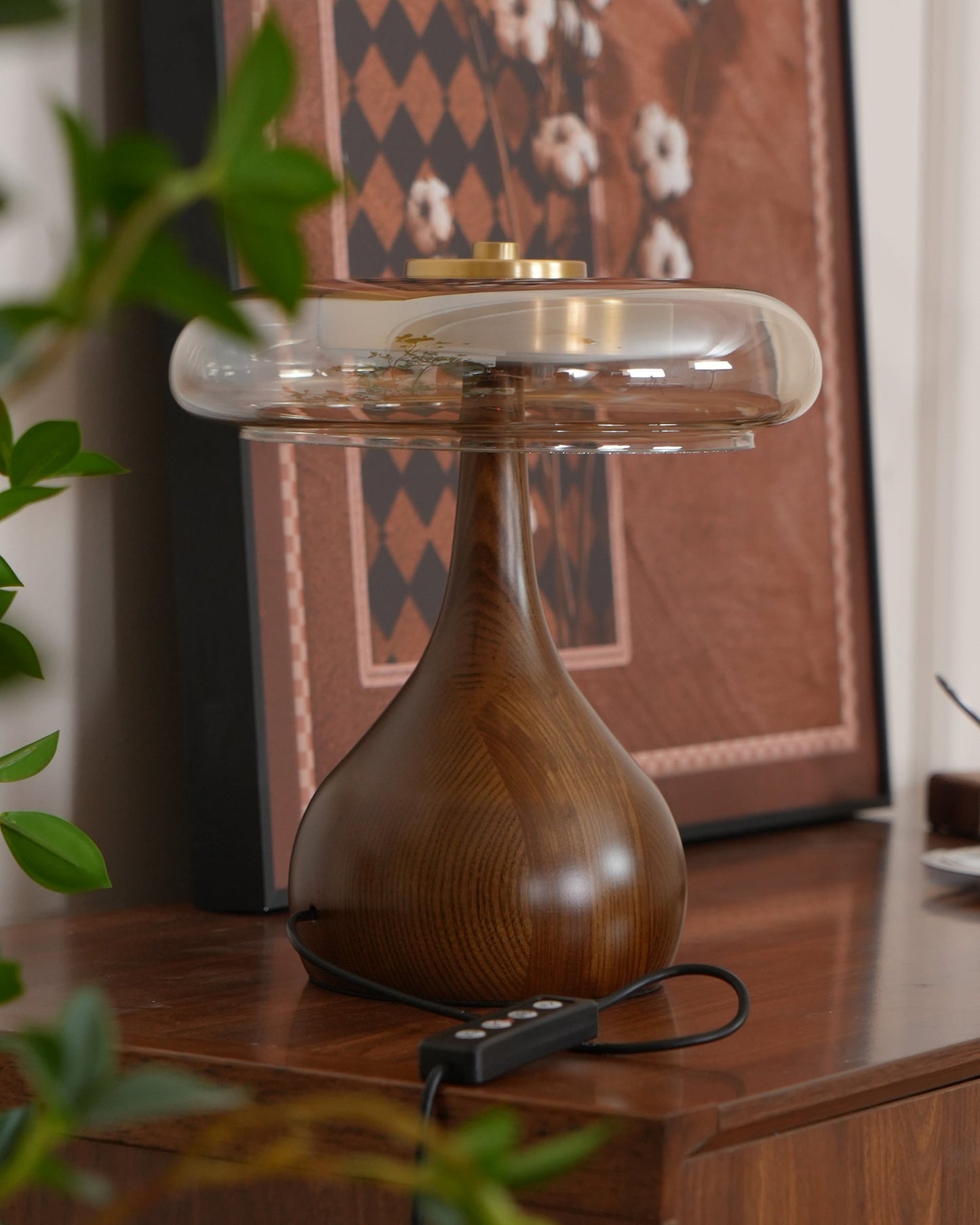 Cognac Glass and Walnut Table Lamp