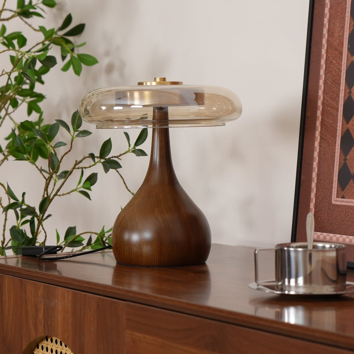 Cognac Glass and Walnut Table Lamp