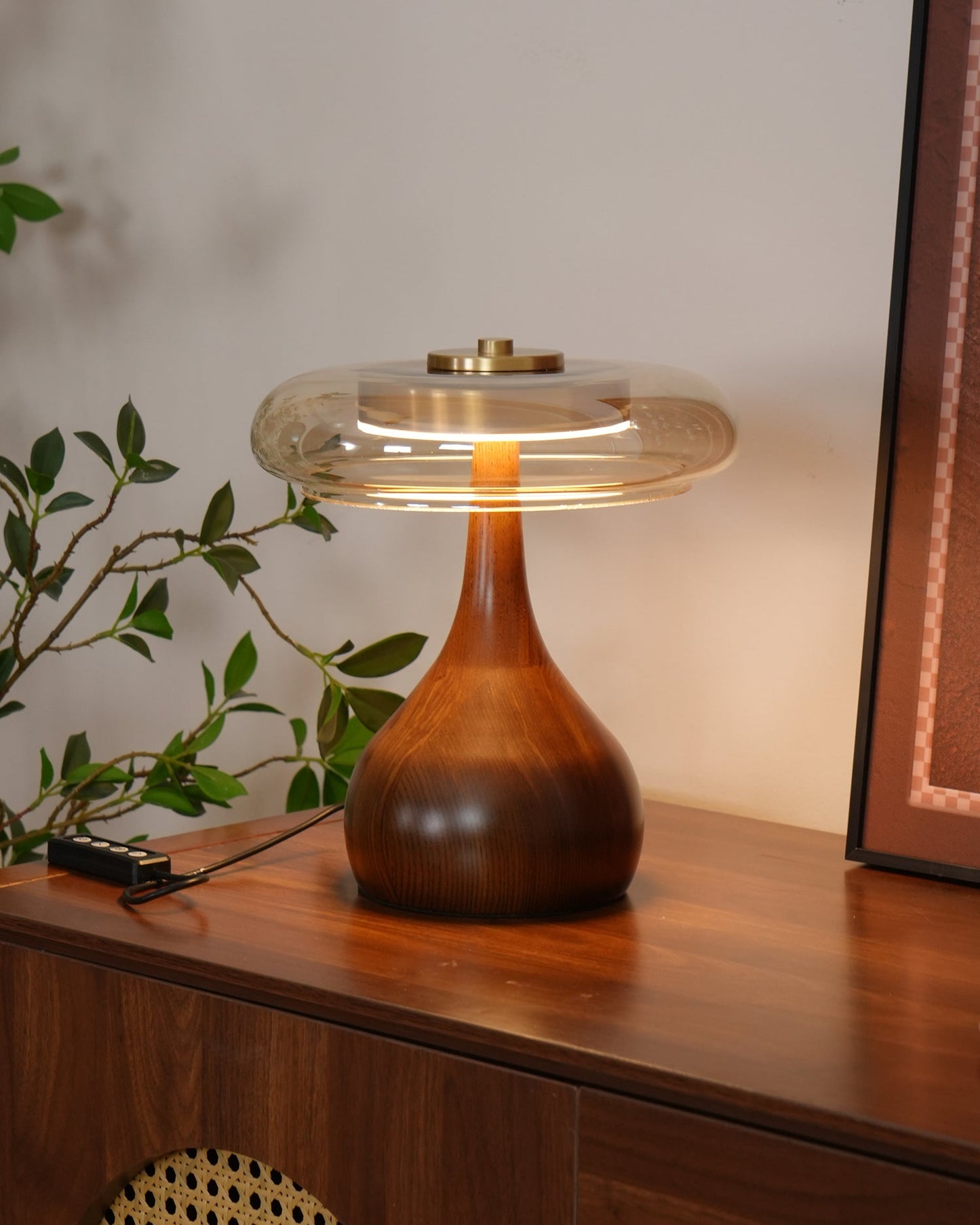 Cognac Glass and Walnut Table Lamp