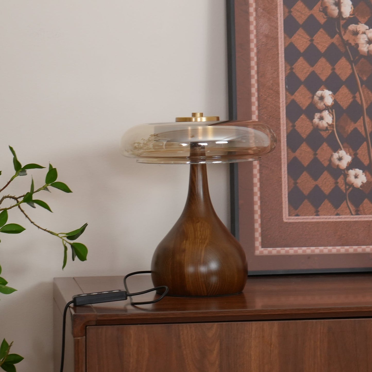 Cognac Glass and Walnut Table Lamp