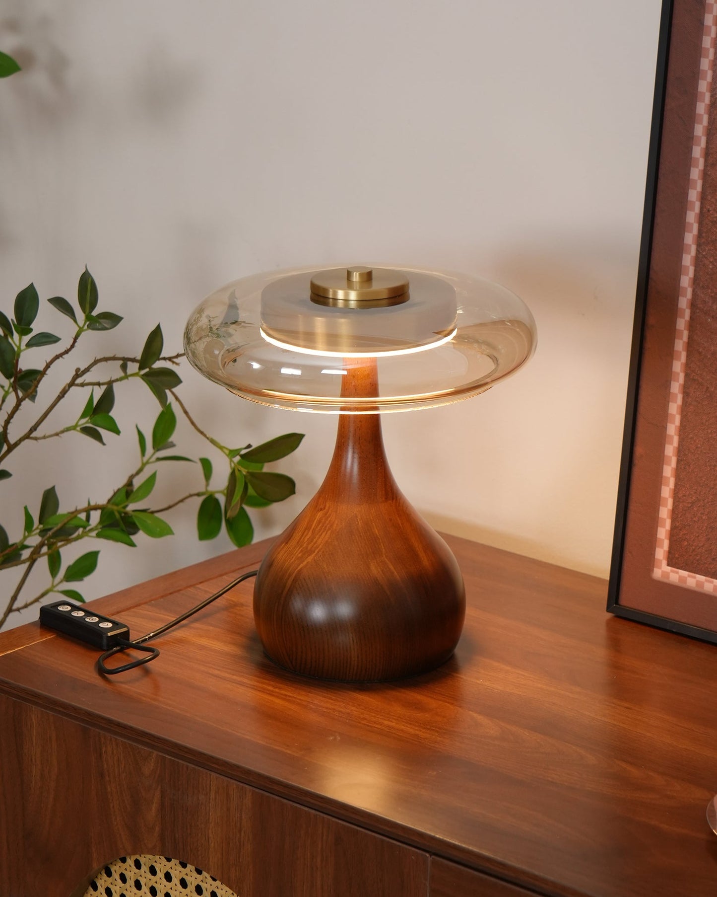 Cognac Glass and Walnut Table Lamp