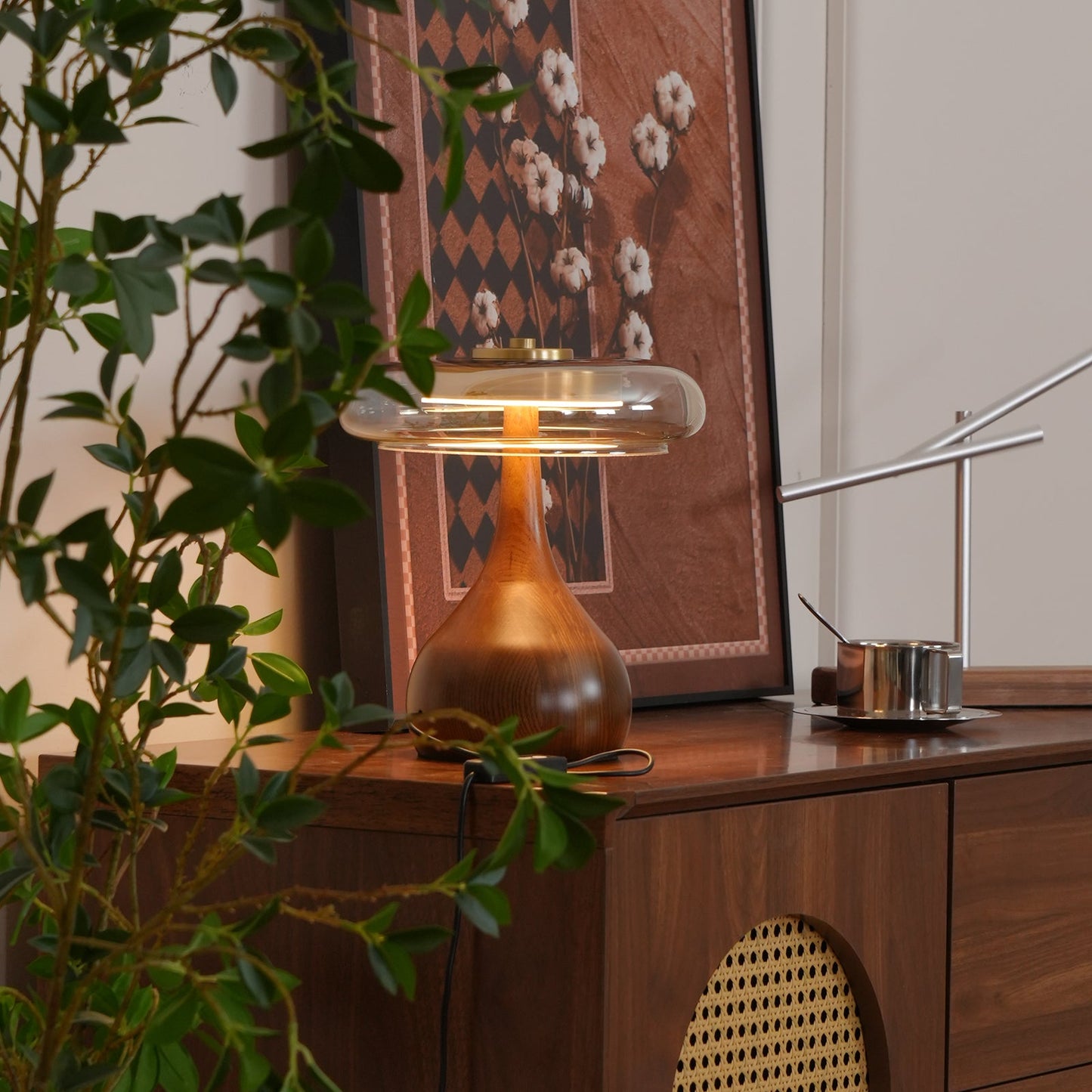 Cognac Glass and Walnut Table Lamp