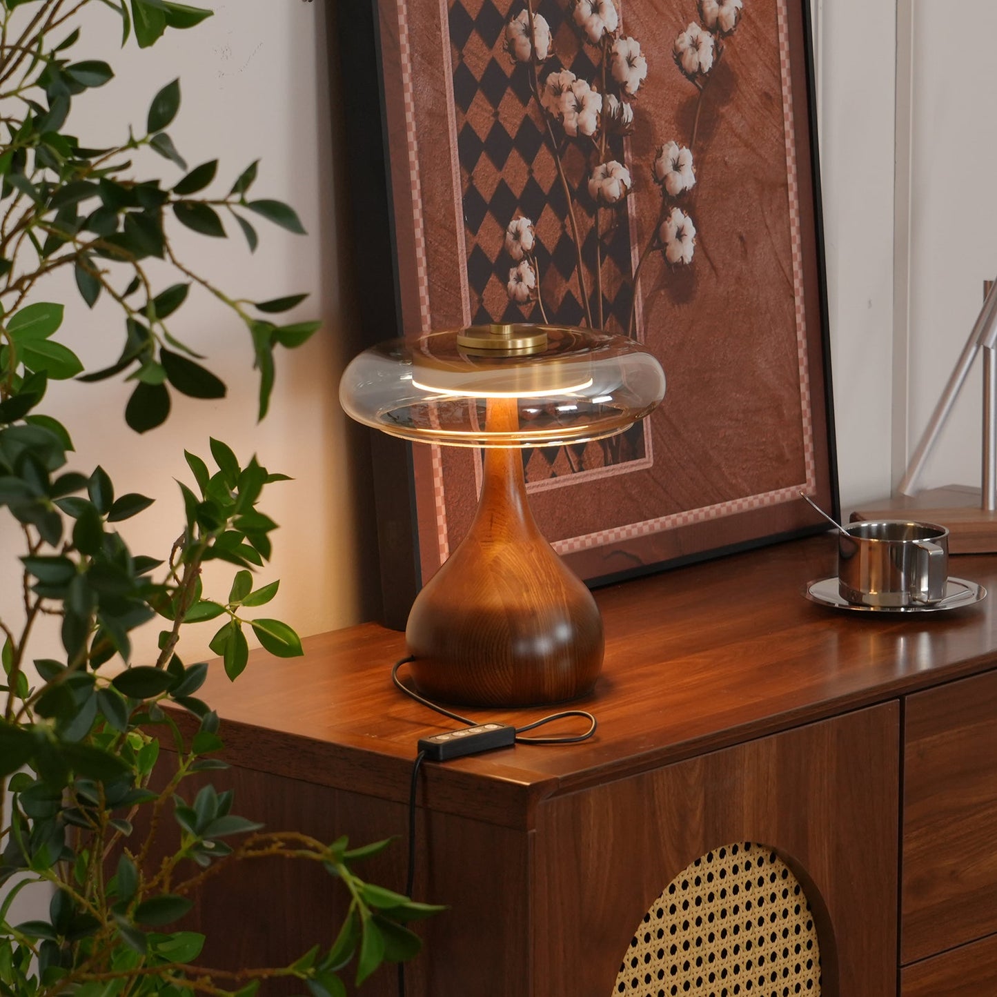 Cognac Glass and Walnut Table Lamp