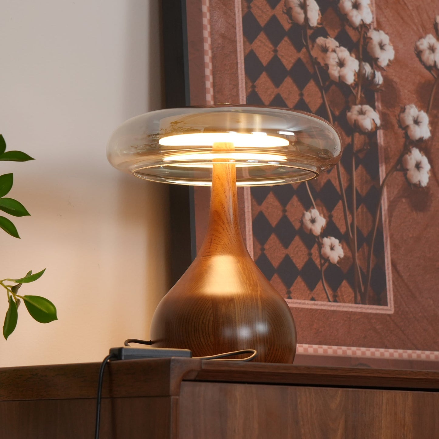 Cognac Glass and Walnut Table Lamp