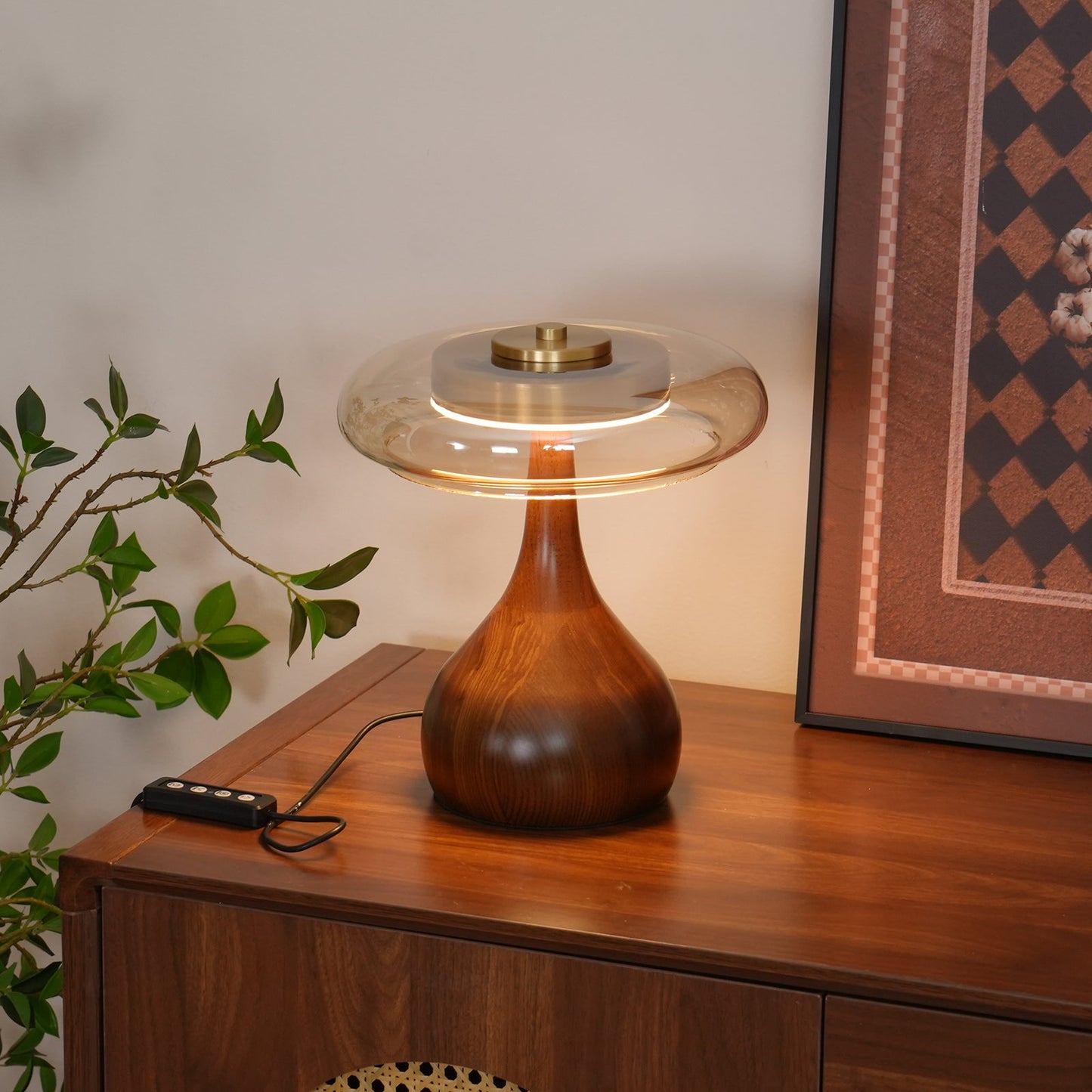 Cognac Glass and Walnut Table Lamp
