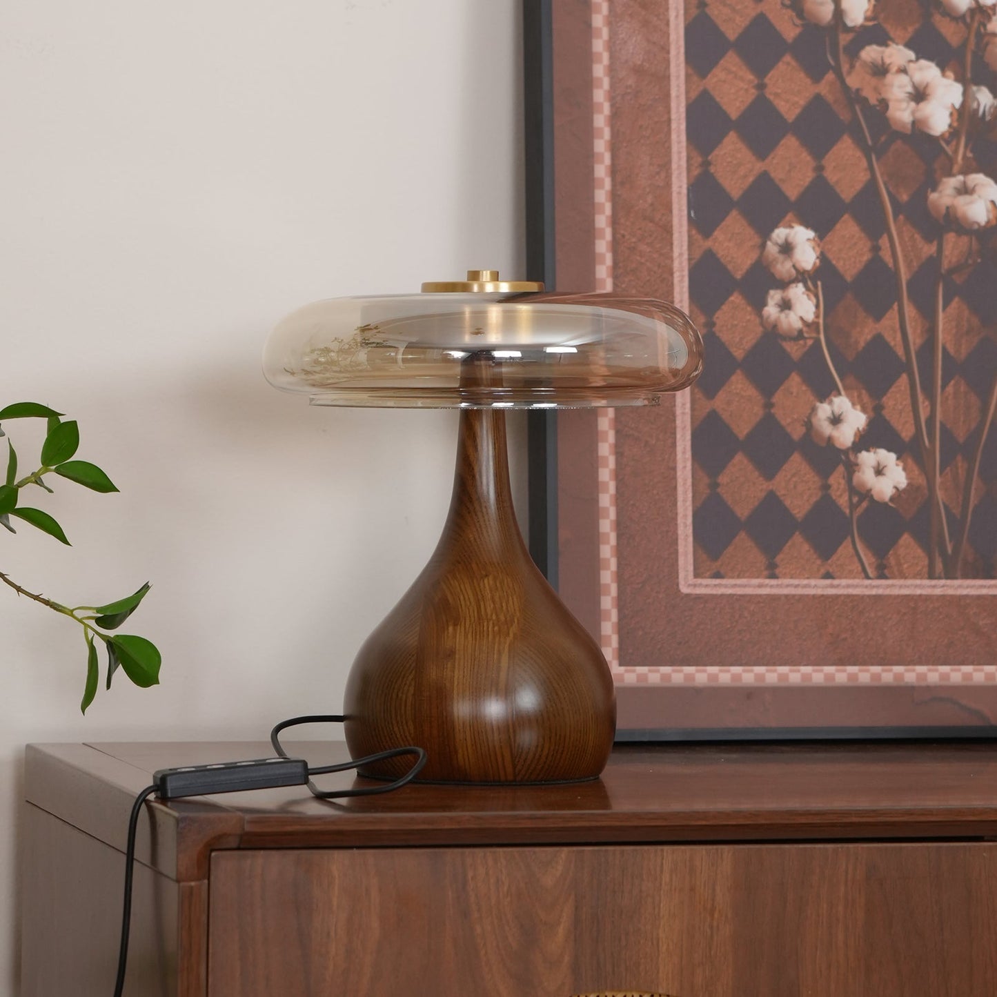 Cognac Glass and Walnut Table Lamp