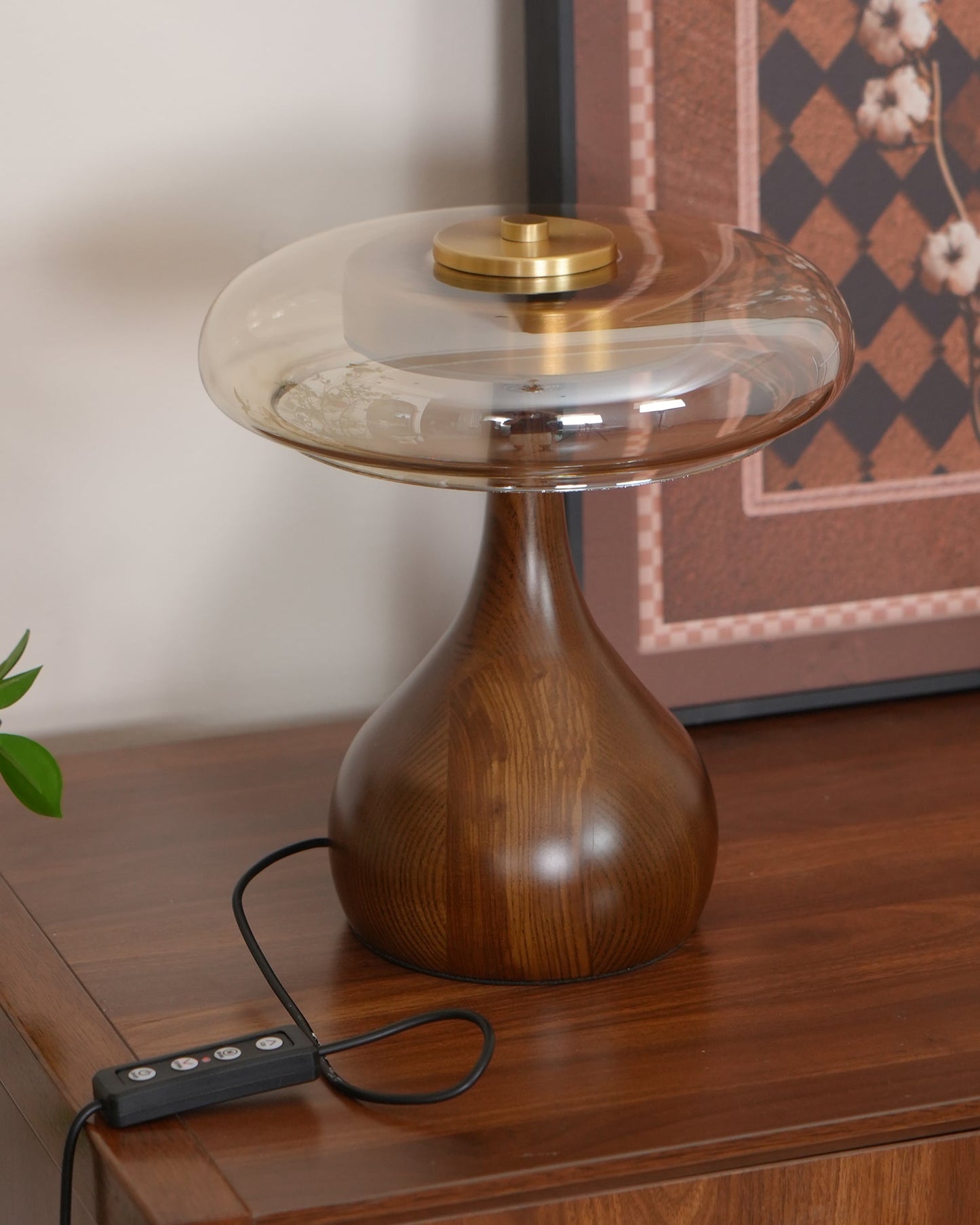 Cognac Glass and Walnut Table Lamp