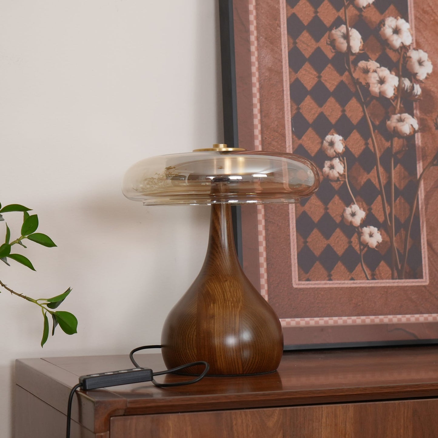 Cognac Glass and Walnut Table Lamp