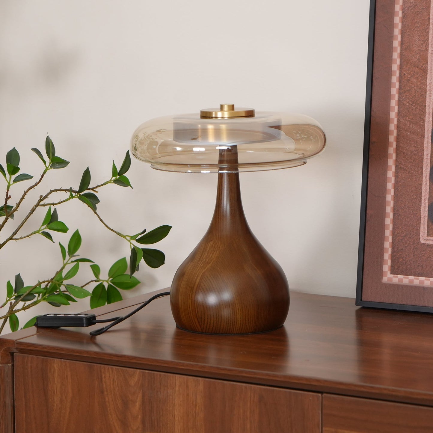 Cognac Glass and Walnut Table Lamp